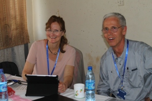 Dr. Judy and Dr. Mark Gustafson preparing for their next lecture during the Anesthesia and Obstetrics Conference at the Regional Referral Hospital in Mbale Uganda.